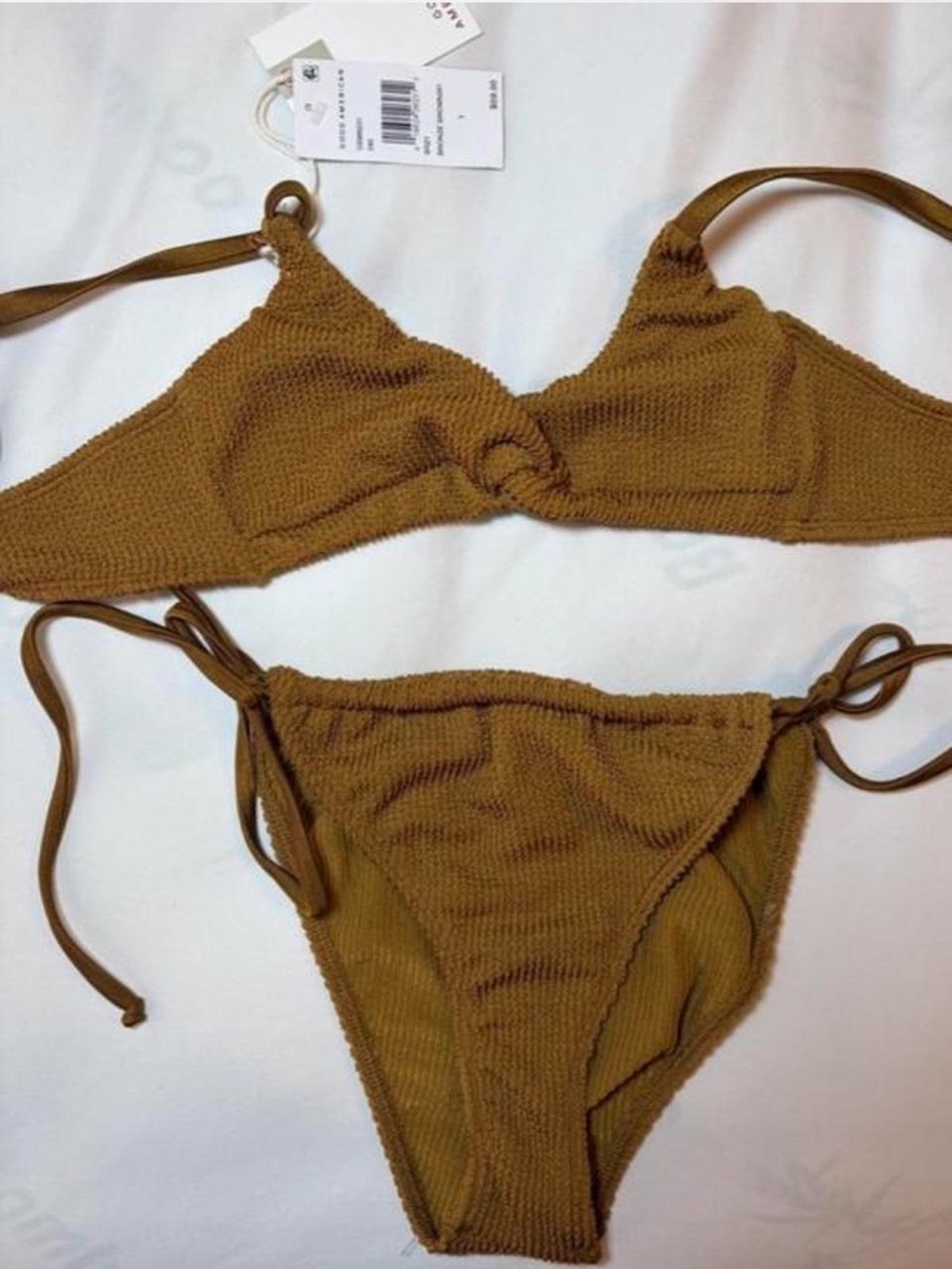 Good American Ribbed Knot-Front Bikini Set in Warm Brown